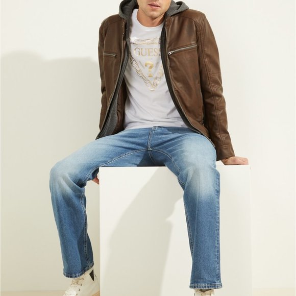 GUESS Men's Faux Leather Hooded Moto Jacket Size L - Picture 5 of 6